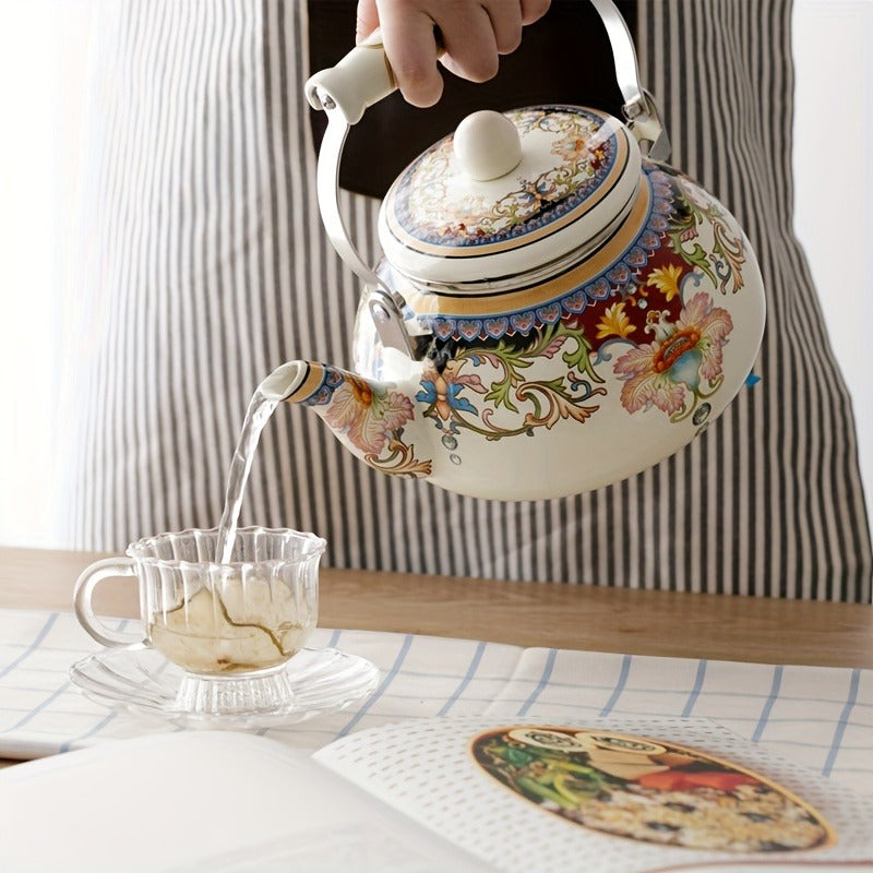 1pc Floral Ceramic Enamel Teapot Tea Kettle For Stovetop, Thickened Flat Bottom 84.54oz Home Cold Kettle Teapot Milk Teapot Induction Cooker Gas Universal