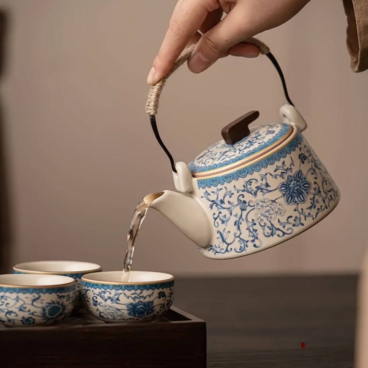 Japanese-Chinese Style Ru Kiln Blue and White Teapot and Teacup Set, Ceramic Traditional Kung Fu Tea Set with Handle for Home and Business Use - Complete Set