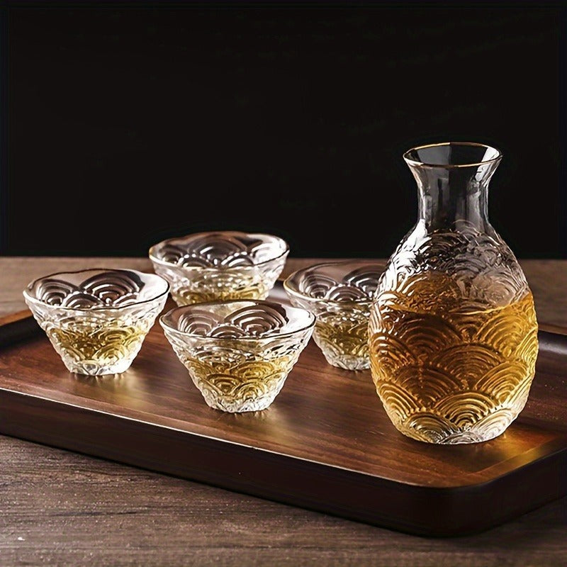 5pcs, Japanese Sake Set, 1 Bowl And 4 Cups, Glass Wine Set, Hot Pot, Hammered Pattern, Household Japanese Style, Home Decoration, Room Decoration, Gifts