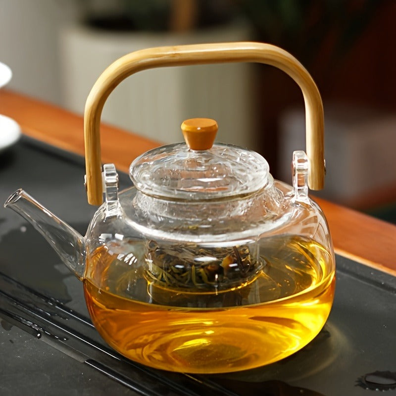 Glass Teapot with Bamboo Handle – 34oz Clear Borosilicate Glass Tea Kettle with Removable Infuser, Heat Resistant Loose Leaf Tea Brewer