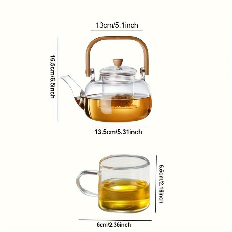 7-Piece Glass Tea Set with 6 Cups, Clear Borosilicate Glass Teapot with Detachable Strainer, Heat-Resistant Loose Leaf Tea Infuser, No Pattern - Elegant Transparent Tea Brewing Set