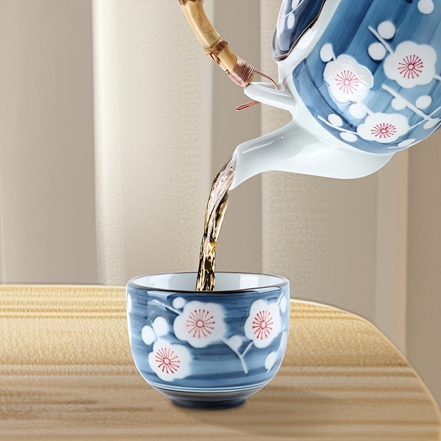 Japanese Ceramic Teapot Teacup Set, Bamboo Handle Insulation and Anti-Scalding, Delicate Plum Blossom Pattern, Blue Glazed Tea Set, Suitable for Adult Tea Parties/Restaurants