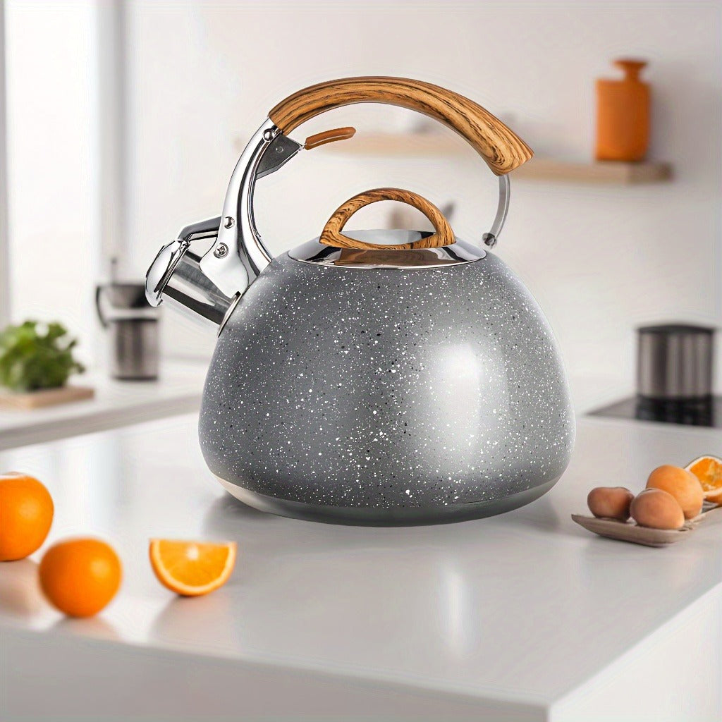 3 Quart Food Grade Stainless Steel Whistling Tea Kettle with Wooden Pattern Handle for Stovetop, Marble/Black Color Options, Essential for Home Use