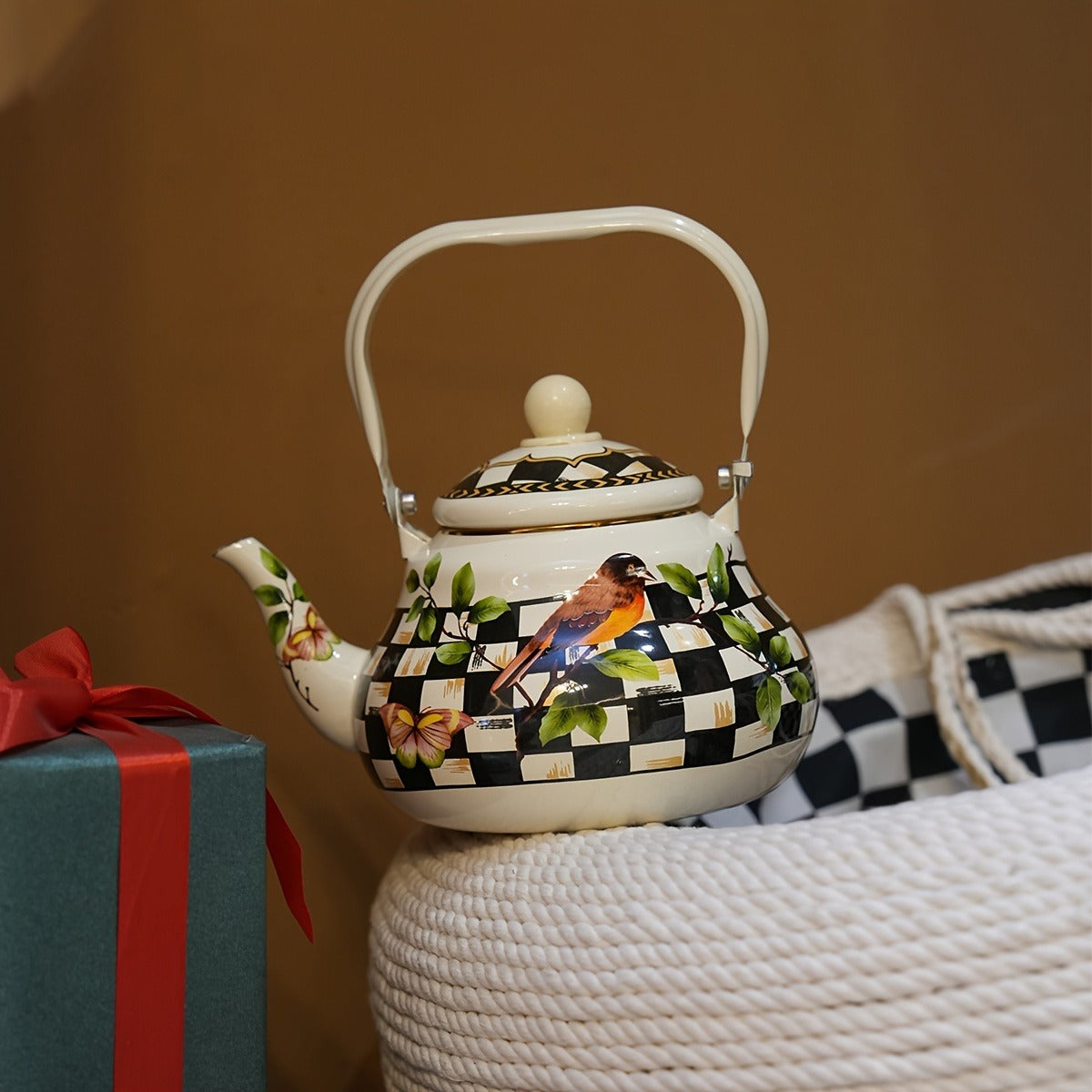 67.63oz Enamel Teapot with Novelty Pattern, Retro Nordic Style Black and White Checkered, and Camping Design, Large Handle High-Capacity, Multi-Functional, Heat-Resistant