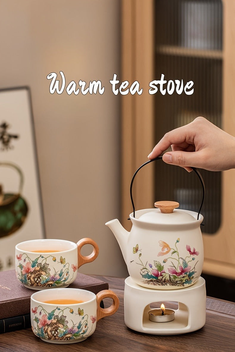 4pcs Ceramic Tea Pot And Cup Set, Flowers And Plants Print Tableware Set, With One Pot And Two Cups For Brewing Tea, Health Preservation, Socializing, Outings, Tea Parties And Decorations, Dining And Entertainment