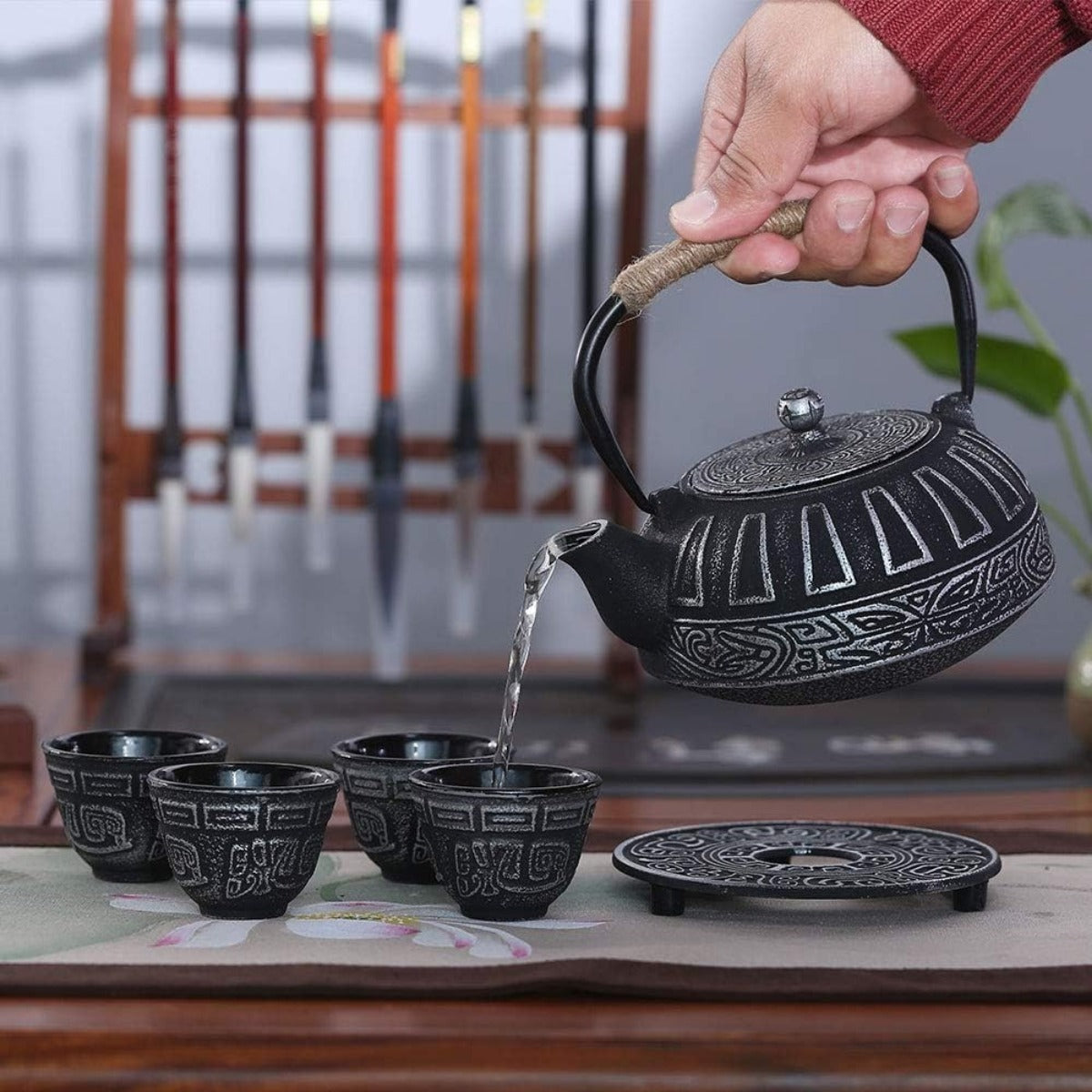 Cast Iron Teapot Set Tea Kettle with Infuser, Enameled Interior Cast Iron Tea Pot with 4 Teacup for Stove Top, Handmade Gift for Friend