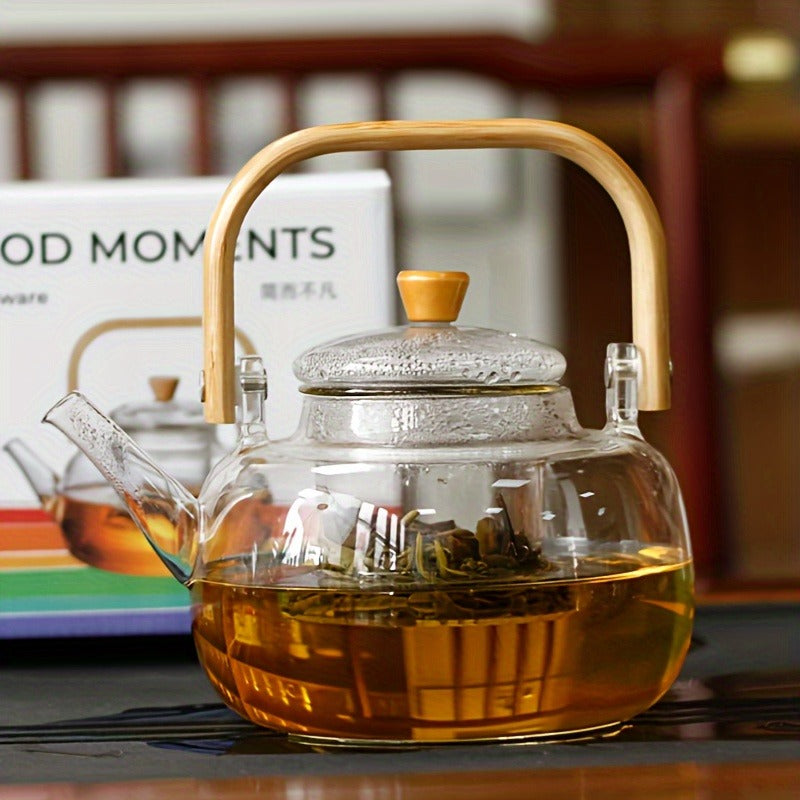 Glass Teapot with Bamboo Handle – 34oz Clear Borosilicate Glass Tea Kettle with Removable Infuser, Heat Resistant Loose Leaf Tea Brewer