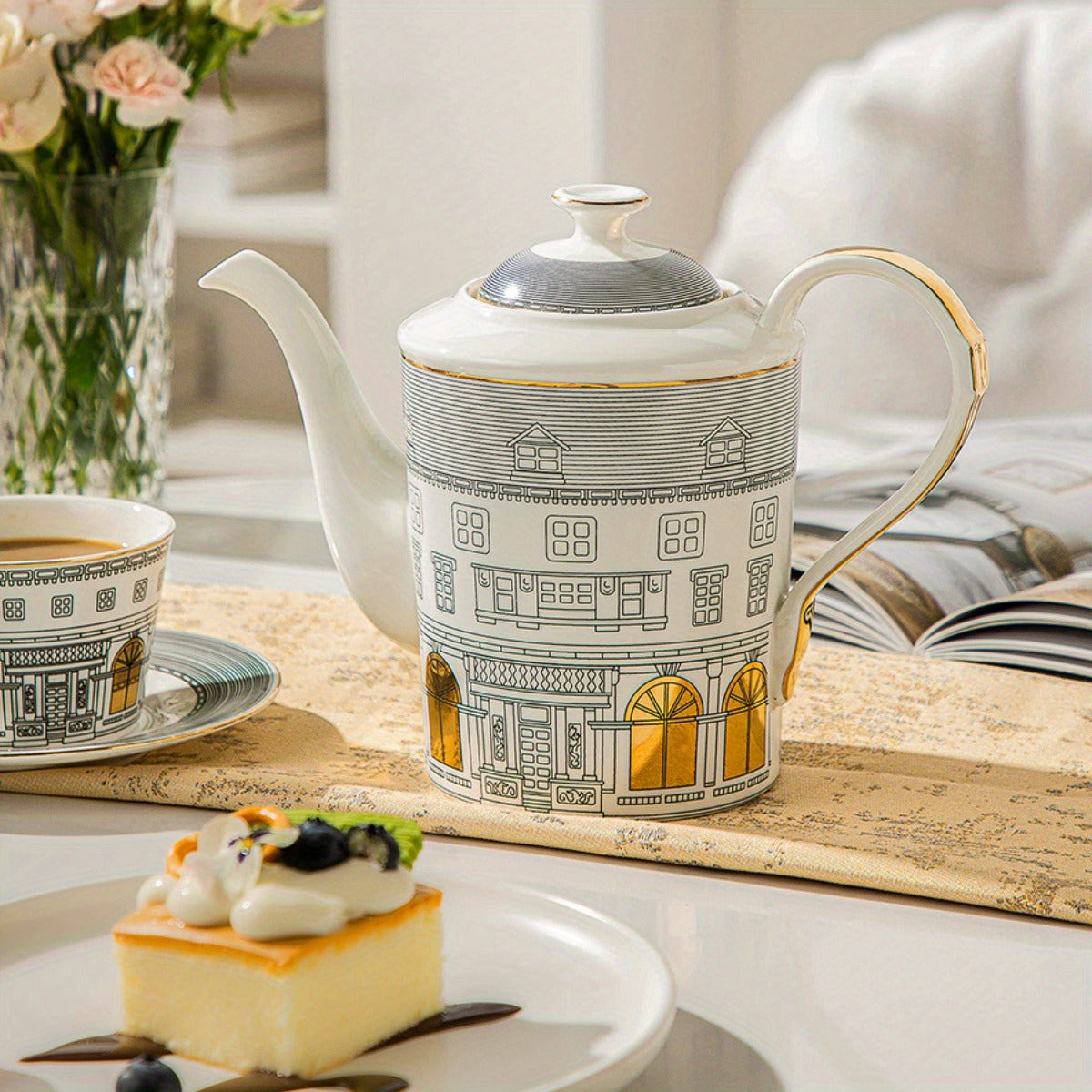 Ceramic Coffee Server Set - European Design Porcelain Tea Pot with Cups and Saucers for Home & Kitchen - 1pc/2pcs/5pcs Elegant Tea and Coffee Serving Ensemble