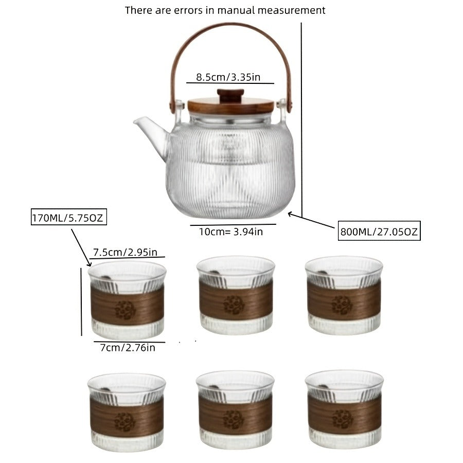 1 Set Creative Striped Glass Tea Set with Infuser - 6 Cup Heat-Resistant Teapot and Cups, Multi-Functional Tea Brewing Kit for Casual Gatherings, Ideal for Christmas, Halloween, Thanksgiving, Ramadan (Eid Al-Fitr) - No Pattern