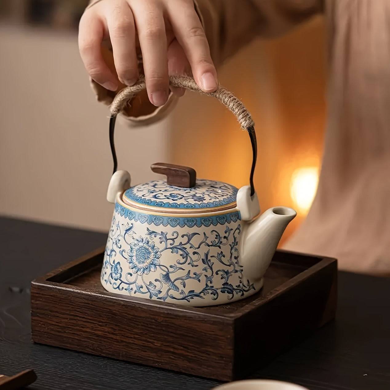 Japanese-Chinese Style Ru Kiln Blue and White Teapot and Teacup Set, Ceramic Traditional Kung Fu Tea Set with Handle for Home and Business Use - Complete Set