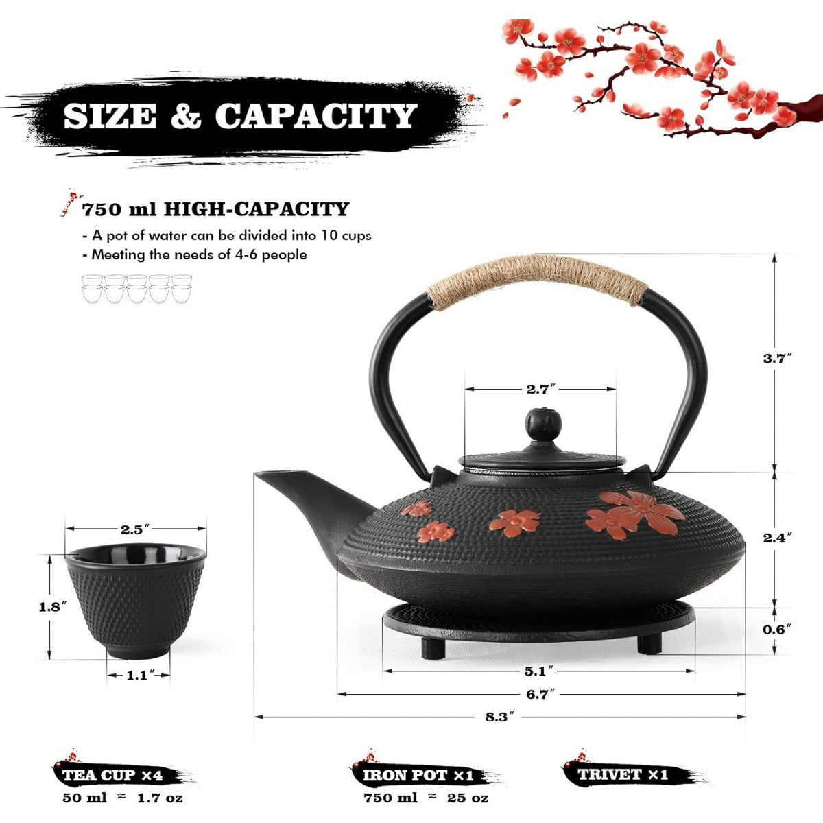 Style Cast Iron Teapot with 4 Tea Cups Trivet Tetsubin StovetopTea Kettle with Infuser Chinese Iron Tea Pot Tea Set for Adults Black (Pear Flower Pattern)
