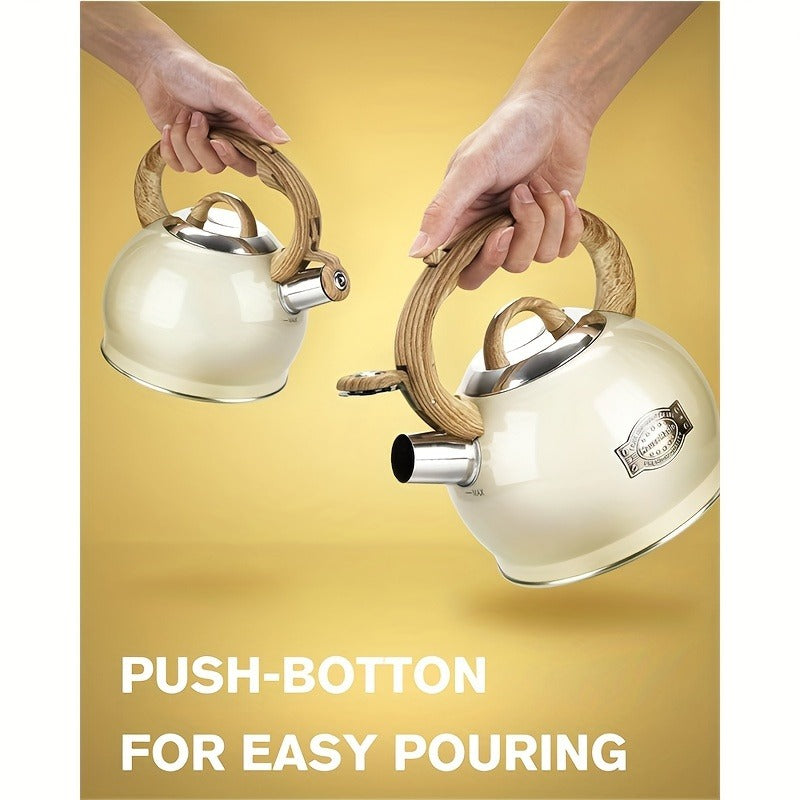 2.1 Quart Food Grade Stainless Steel Whistling Tea Kettle, Stove Top Teapot with Wood Pattern Folding Handle, Suitable for All Heat Sources