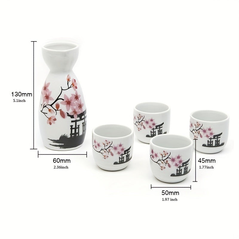 5pcs Handcrafted Japanese Sake Set - Vibrant White & Pink Blossoms, Artisanal Design - A Delightful Birthday Gift and Esteemed Collectible for Special Occasions