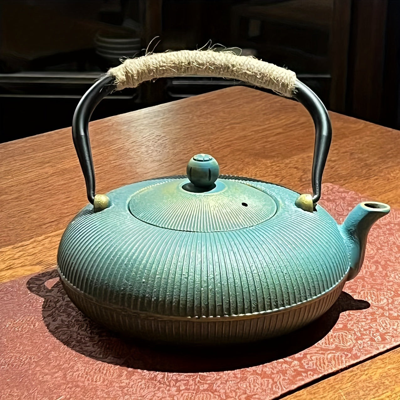 1pc, Cast Iron Teapot with Removable Stainless Steel Infuser, Traditional Green Golden Vertical Stripe Enamel Kettle, Perfect for Brewing Tea & Boiling Water, Ideal Gift