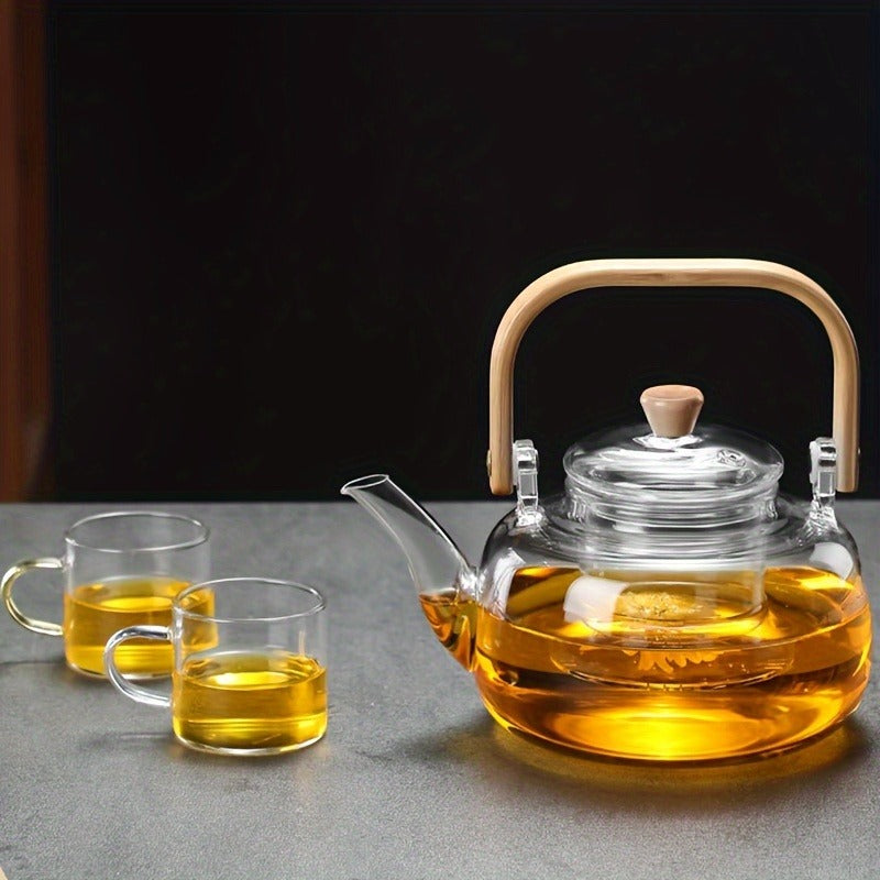 7-Piece Glass Tea Set with 6 Cups, Clear Borosilicate Glass Teapot with Detachable Strainer, Heat-Resistant Loose Leaf Tea Infuser, No Pattern - Elegant Transparent Tea Brewing Set
