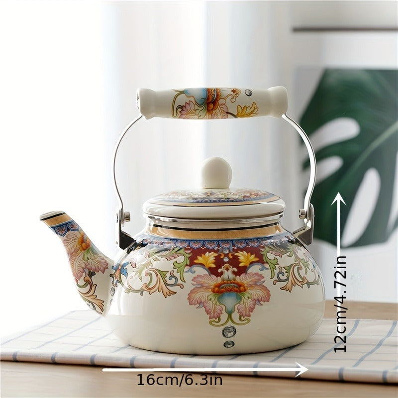 1pc Floral Ceramic Enamel Teapot Tea Kettle For Stovetop, Thickened Flat Bottom 84.54oz Home Cold Kettle Teapot Milk Teapot Induction Cooker Gas Universal
