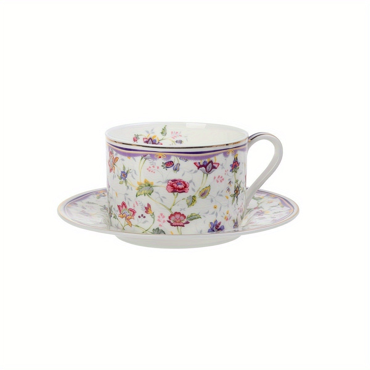 Purple Small Flower Pattern Burned Flower Ceramic Cup and Plate Set, Electroplated Gold Plated Edge Glossy Cup and Plate, Water Pot, 2pcs Cup and Plate Set, 1pc Water Pot Set, with Color Box