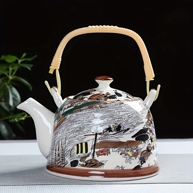 Ceramic Teapot 27.73oz - Japanese Blue and White Glaze Underglaze, Various Flower Colors, Suitable for Restaurants, Tea Rooms, Kitchens, Coffee Shops