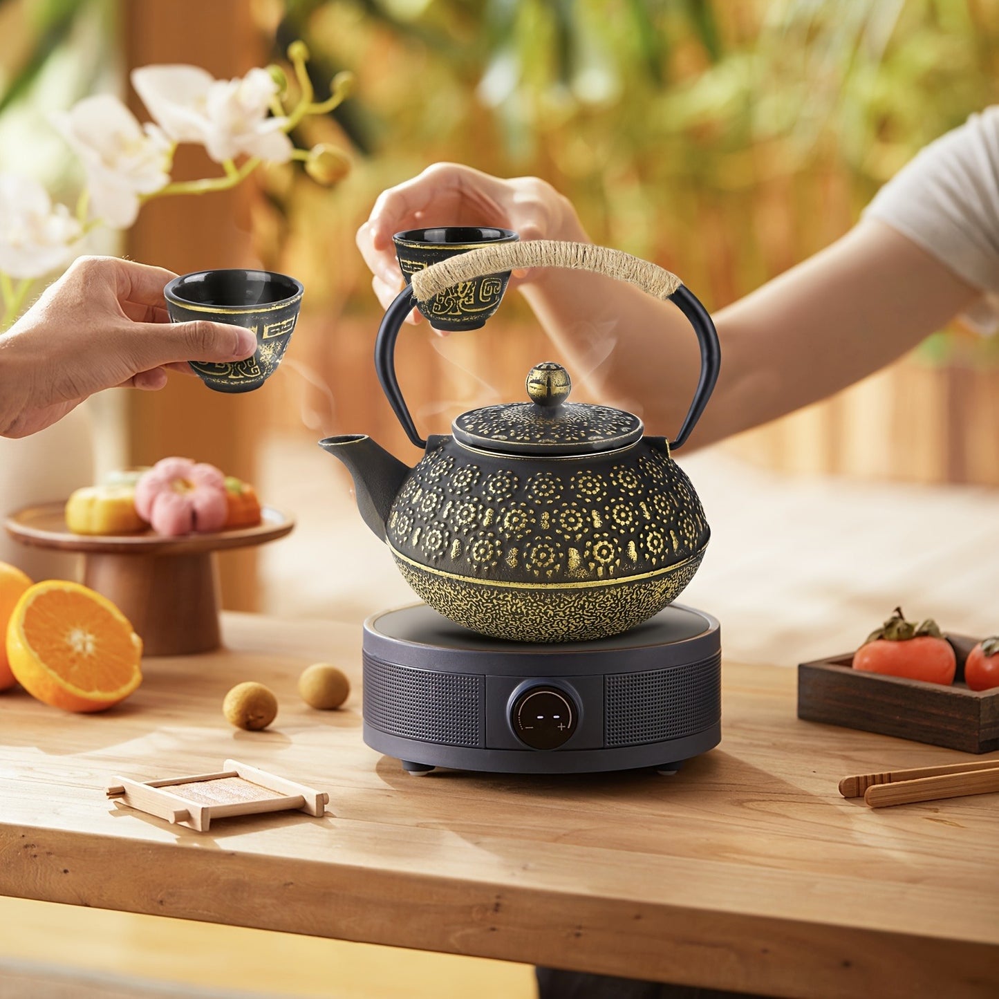 Golden Japanese Cast Iron Teapot Set - 6 Pieces (30 Oz/900 Ml) With 4 Tea Cups (2 Oz Each), Leaf Infuser, And Trivet