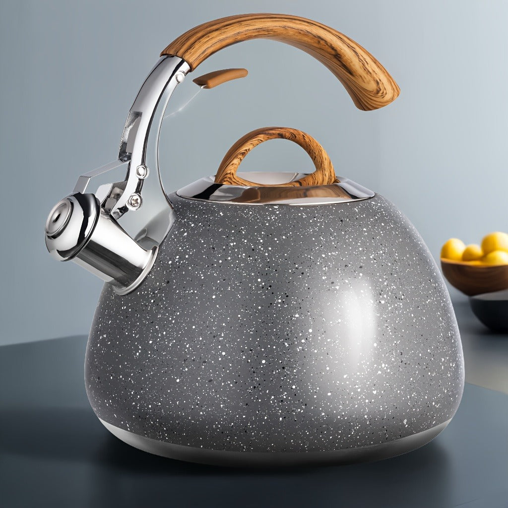 3 Quart Food Grade Stainless Steel Whistling Tea Kettle with Wooden Pattern Handle for Stovetop, Marble/Black Color Options, Essential for Home Use