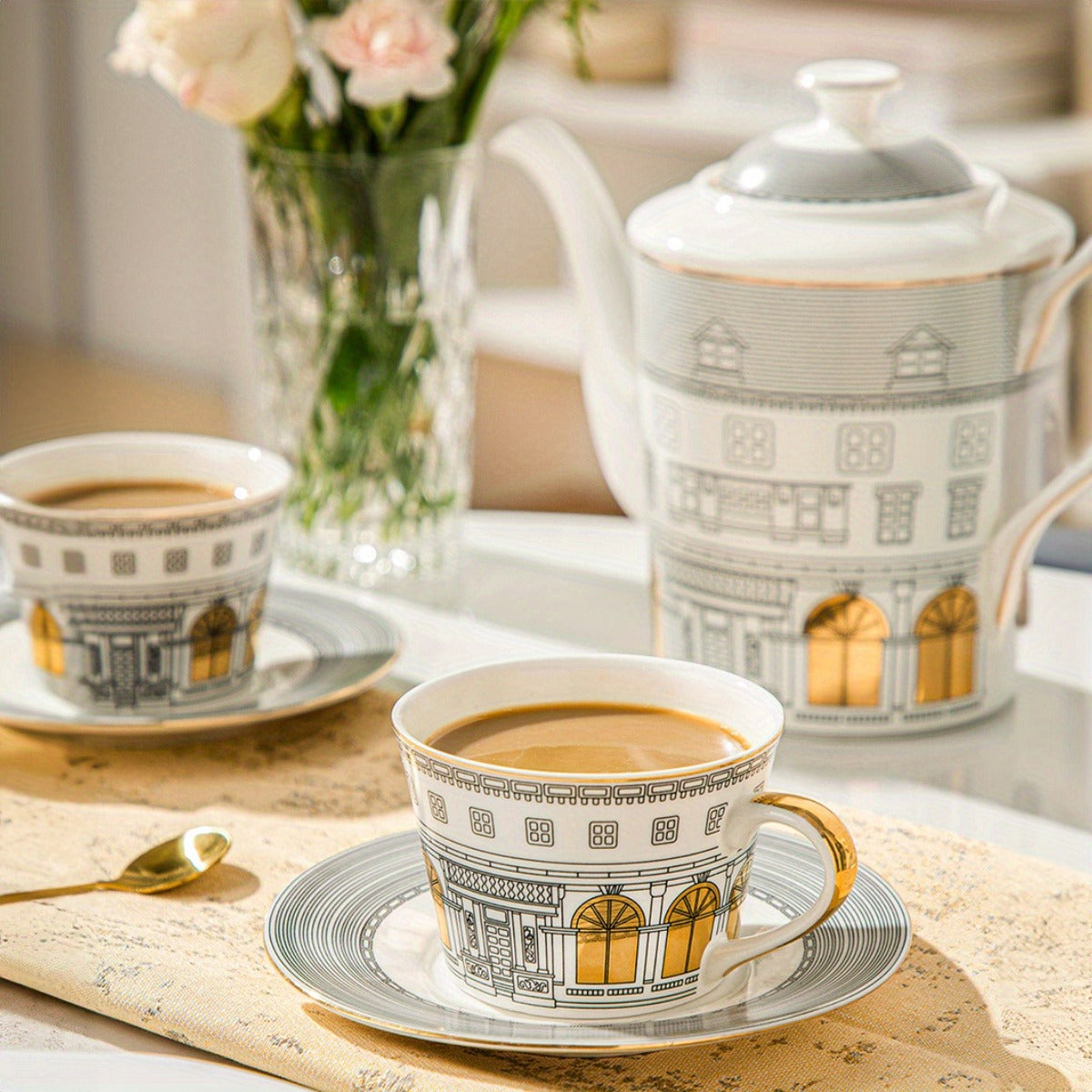 Ceramic Coffee Server Set - European Design Porcelain Tea Pot with Cups and Saucers for Home & Kitchen - 1pc/2pcs/5pcs Elegant Tea and Coffee Serving Ensemble