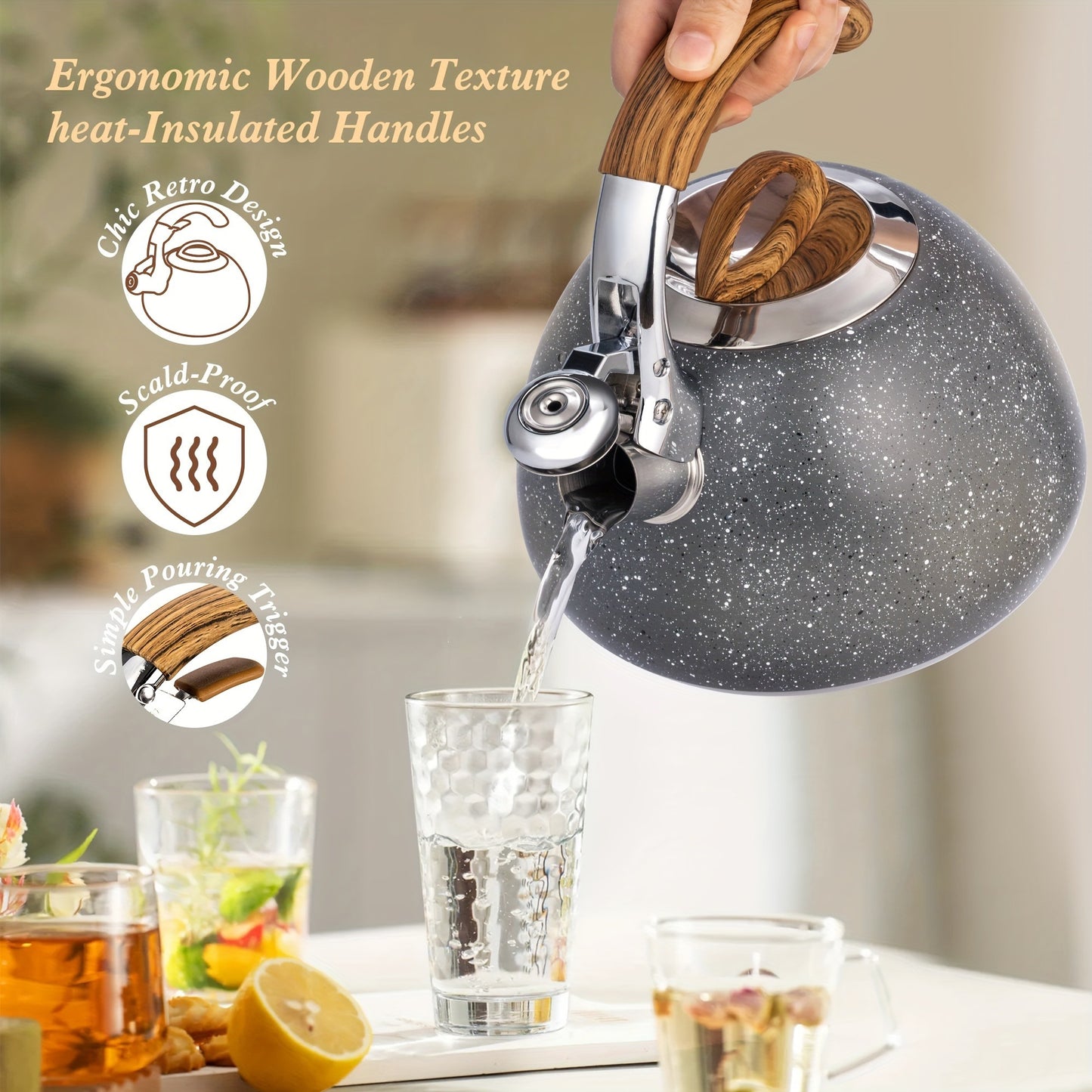 3 Quart Food Grade Stainless Steel Whistling Tea Kettle with Wooden Pattern Handle for Stovetop, Marble/Black Color Options, Essential for Home Use