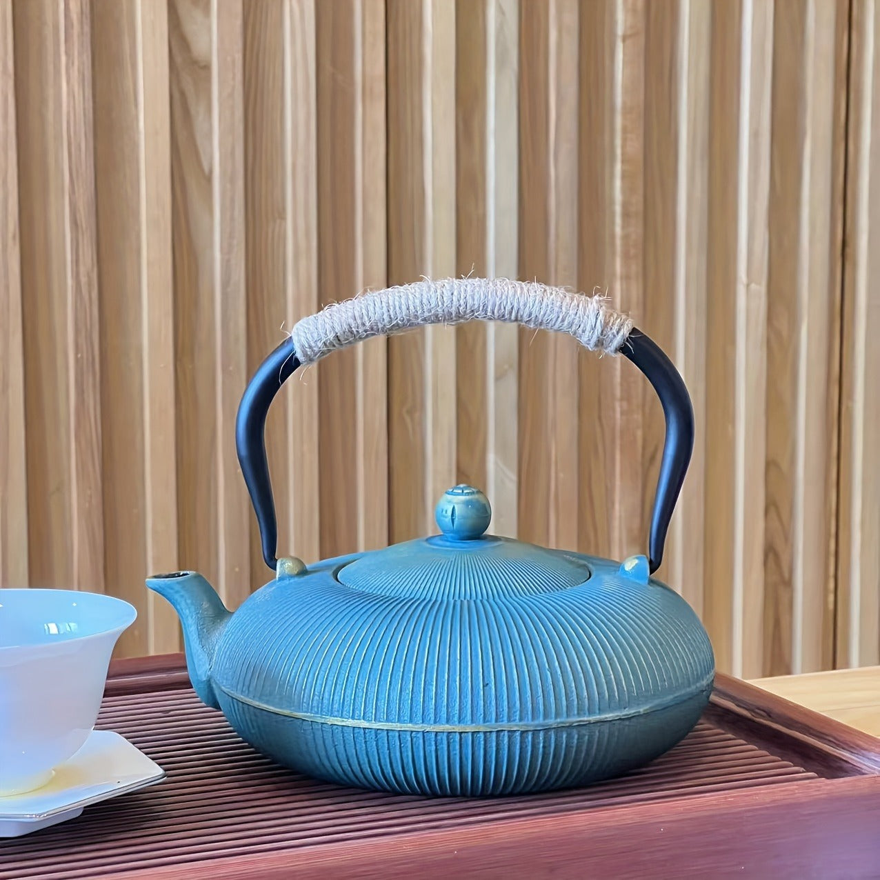 1pc, Cast Iron Teapot with Removable Stainless Steel Infuser, Traditional Green Golden Vertical Stripe Enamel Kettle, Perfect for Brewing Tea & Boiling Water, Ideal Gift