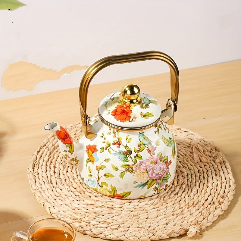 40.58oz Enamel Teapot Set with Infuser - Floral & Bird Design, Thickened for Durability, High-Quality, Stovetop Safe for Electric & Gas, Perfect for Home, Restaurant, and Dining Decor