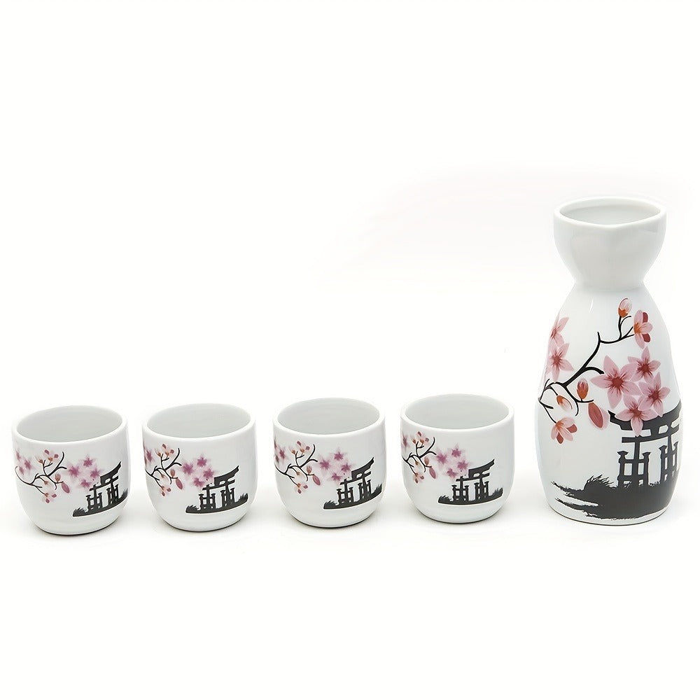 5pcs Handcrafted Japanese Sake Set - Vibrant White & Pink Blossoms, Artisanal Design - A Delightful Birthday Gift and Esteemed Collectible for Special Occasions