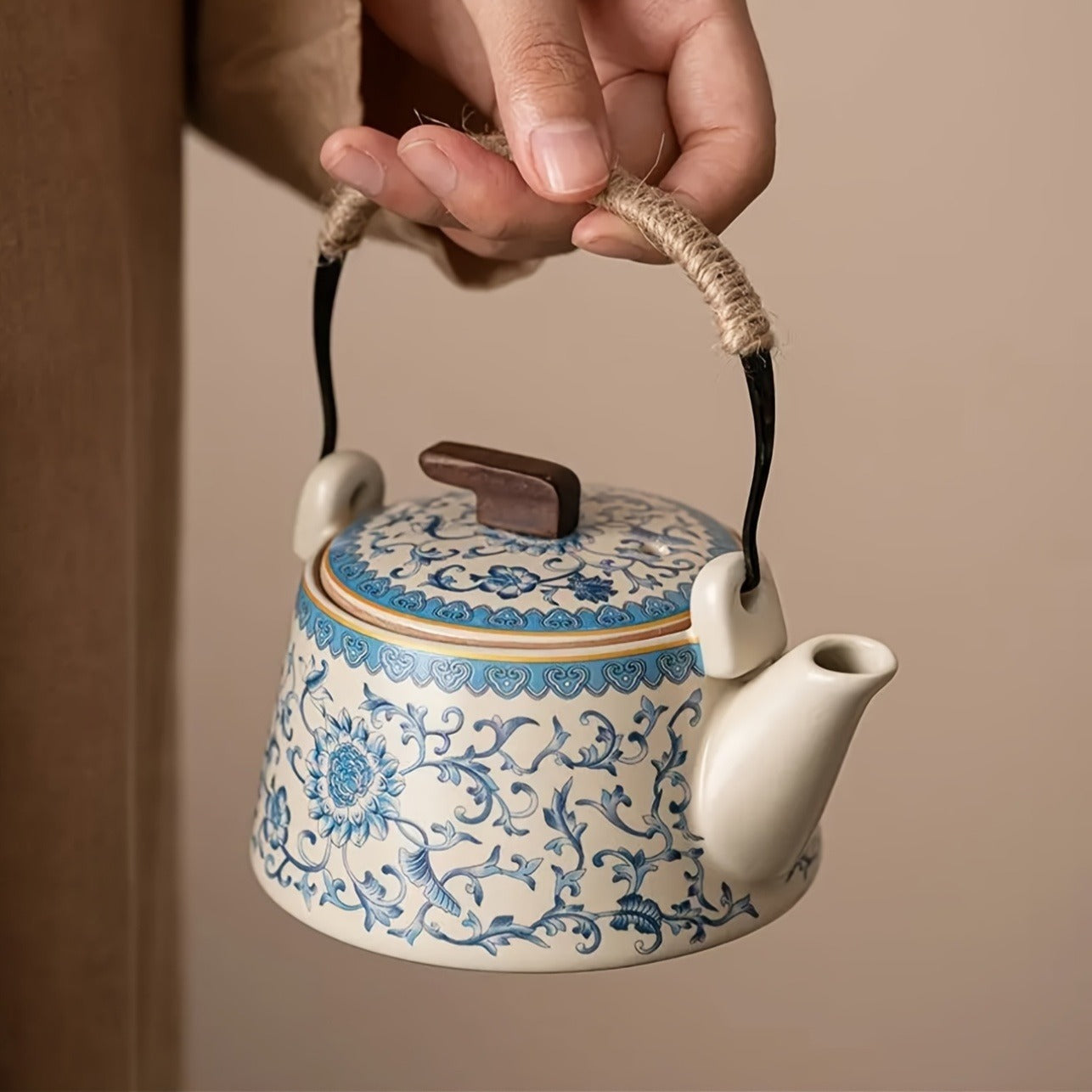 Japanese-Chinese Style Ru Kiln Blue and White Teapot and Teacup Set, Ceramic Traditional Kung Fu Tea Set with Handle for Home and Business Use - Complete Set