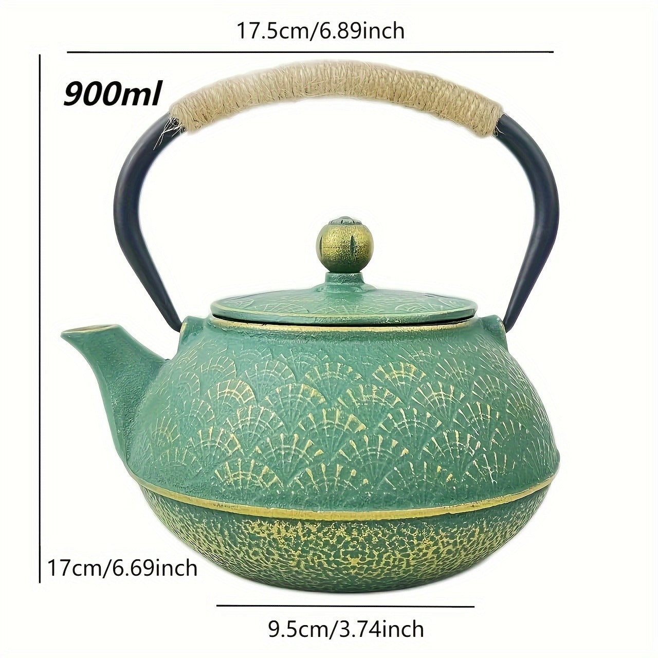 1pc, Vibrant Green & Golden Fan Pattern Cast Iron Enamel Teapot - Whimsical Tea Infuser Teapots with Removable Stainless Steel Filter, Perfect for Gift Giving, Birthday, Holiday, Tea Accessories and Enthusiasts