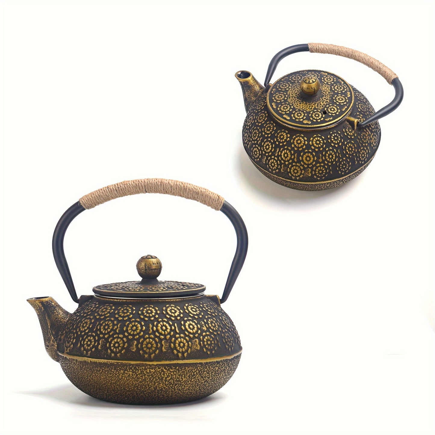 6 Piece Set Golden Japanese Cast Iron Teapot (30 oz 900 ml) with 4 Tea Cups (2 oz each) Leaf Tea Infuser and Trivet