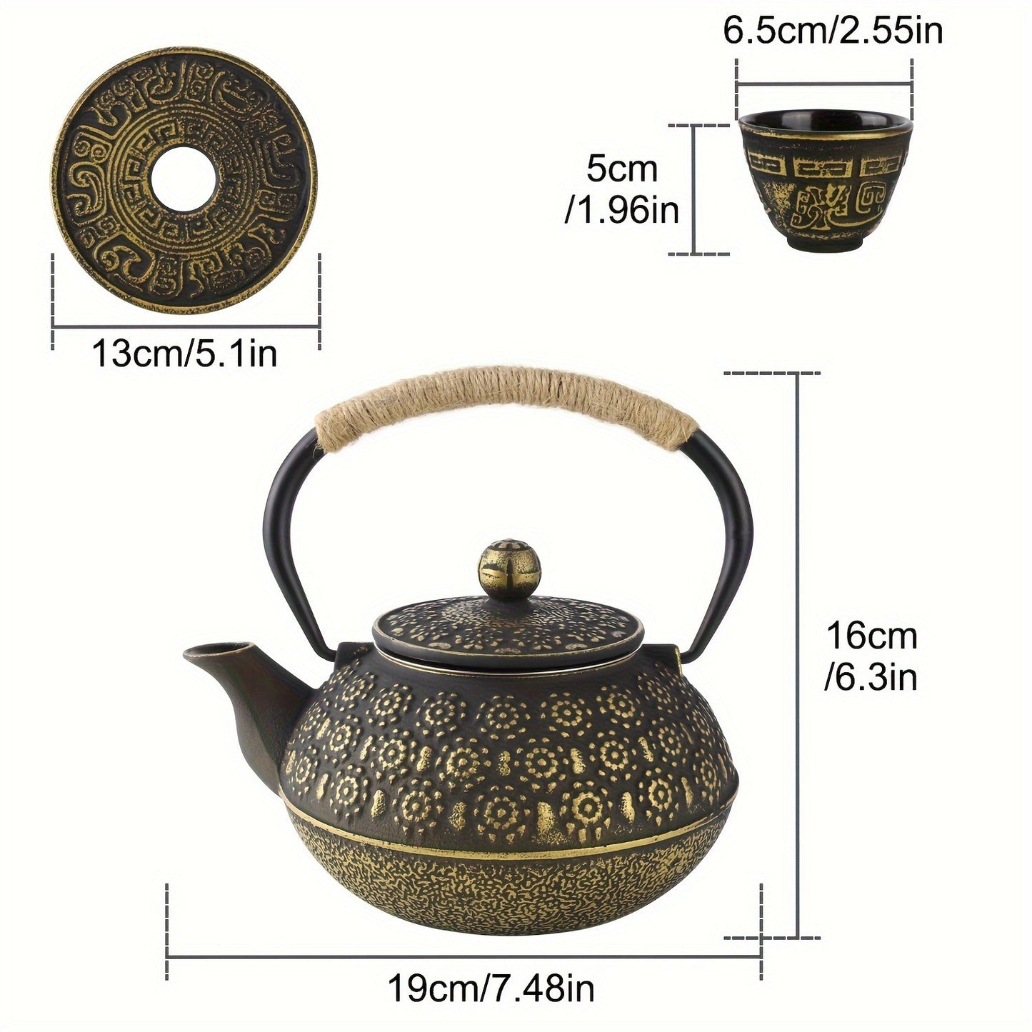 Golden Japanese Cast Iron Teapot Set - 6 Pieces (30 Oz/900 Ml) With 4 Tea Cups (2 Oz Each), Leaf Infuser, And Trivet
