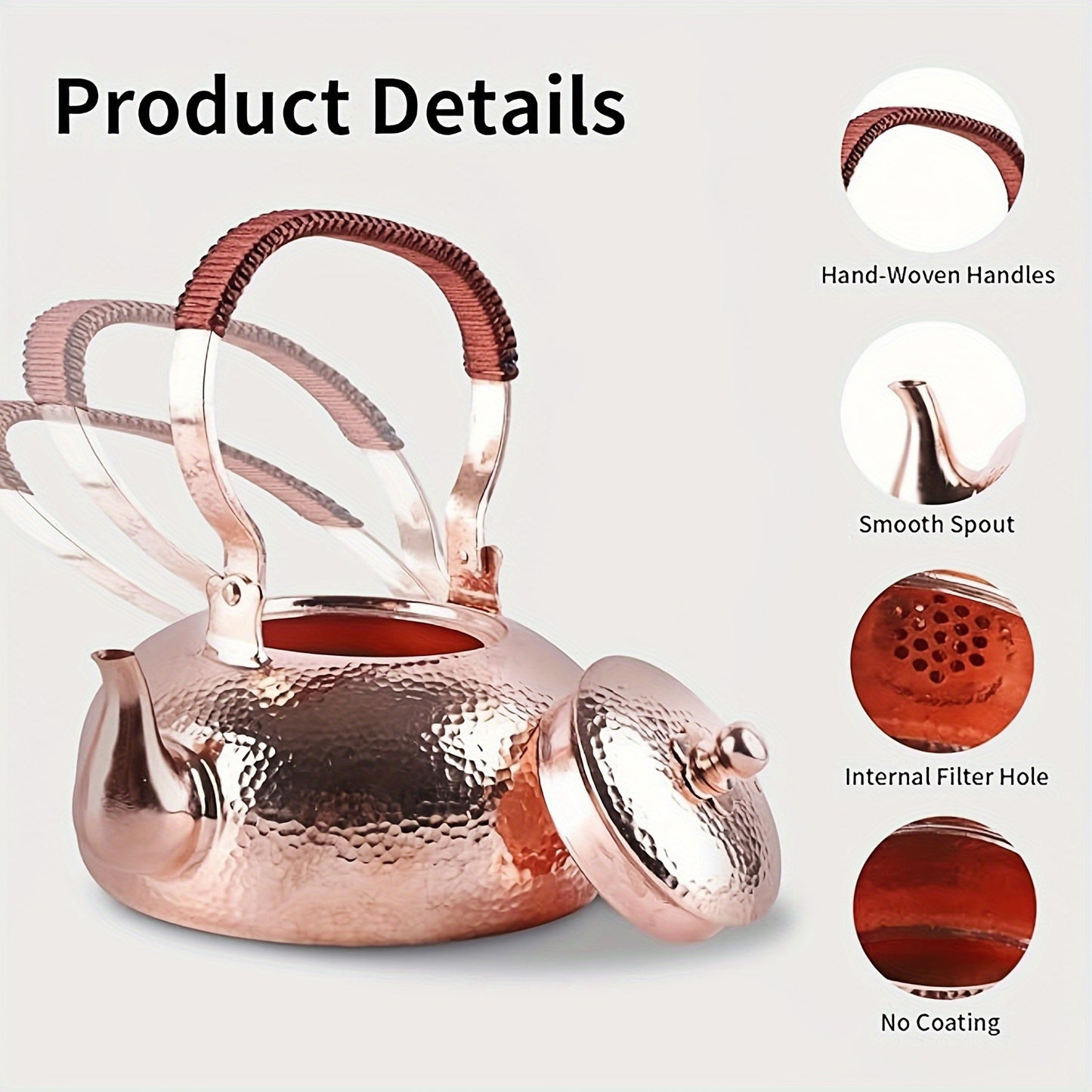 1 piece pink copper teapot, used to boil water to make tea, copper material, pink appearance is elegant and fashionable, 67oz large capacity, suitable for afternoon tea party or family daily use