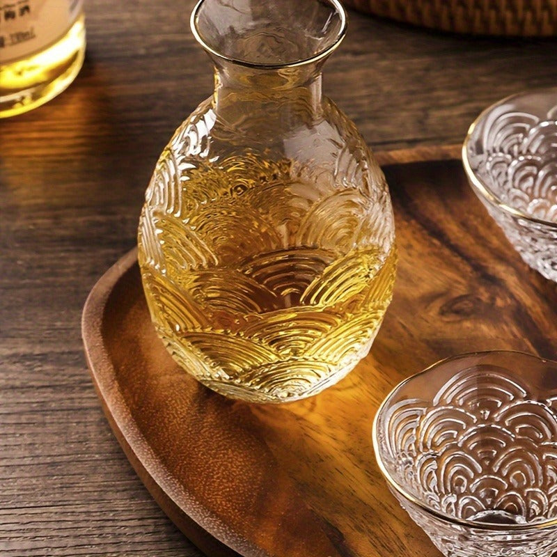 5pcs, Japanese Sake Set, 1 Bowl And 4 Cups, Glass Wine Set, Hot Pot, Hammered Pattern, Household Japanese Style, Home Decoration, Room Decoration, Gifts