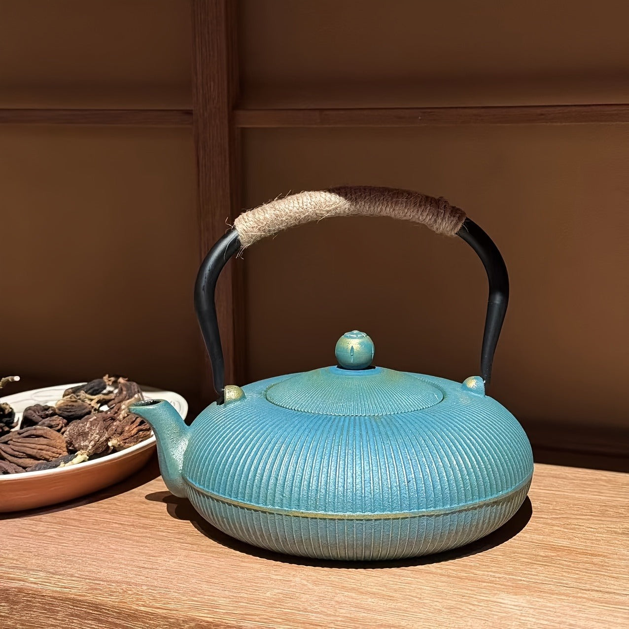 1pc, Cast Iron Teapot with Removable Stainless Steel Infuser, Traditional Green Golden Vertical Stripe Enamel Kettle, Perfect for Brewing Tea & Boiling Water, Ideal Gift