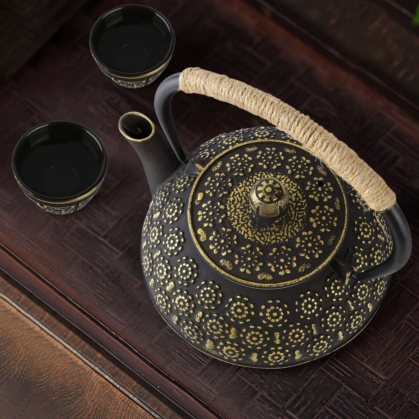 Golden Japanese Cast Iron Teapot Set - 6 Pieces (30 Oz/900 Ml) With 4 Tea Cups (2 Oz Each), Leaf Infuser, And Trivet