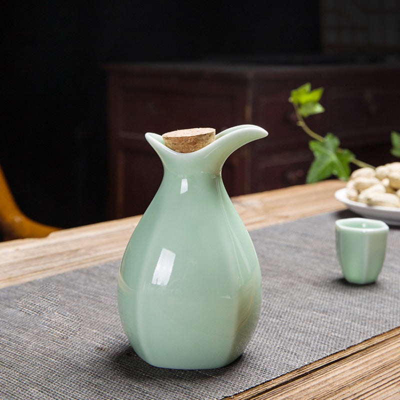 Japanese Ceramic Sake Set with Bamboo Tray - Traditional Crafted Porcelain Sake Decanter (1 Tokkuri) and 6 Ochoko Cups for Home, Sushi Bar, Restaurant, and Wedding