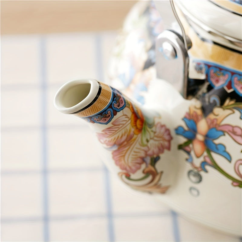 1pc Floral Ceramic Enamel Teapot Tea Kettle For Stovetop, Thickened Flat Bottom 84.54oz Home Cold Kettle Teapot Milk Teapot Induction Cooker Gas Universal