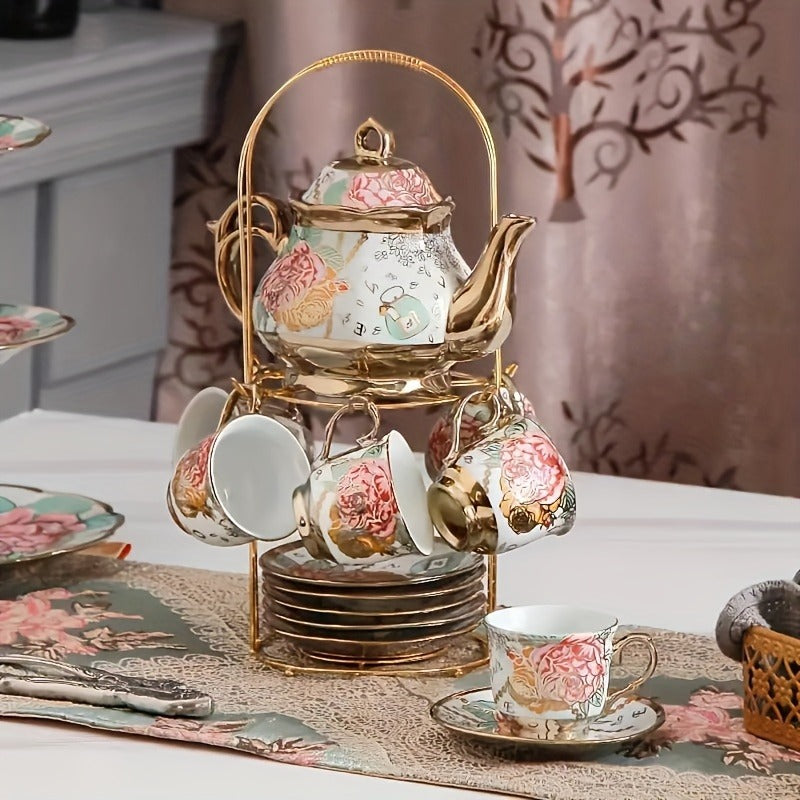 14-Piece European Ceramic Tea Set with Metal Stand, Elegant Floral Design, Holiday Theme for Afternoon Tea & Gift Giving
