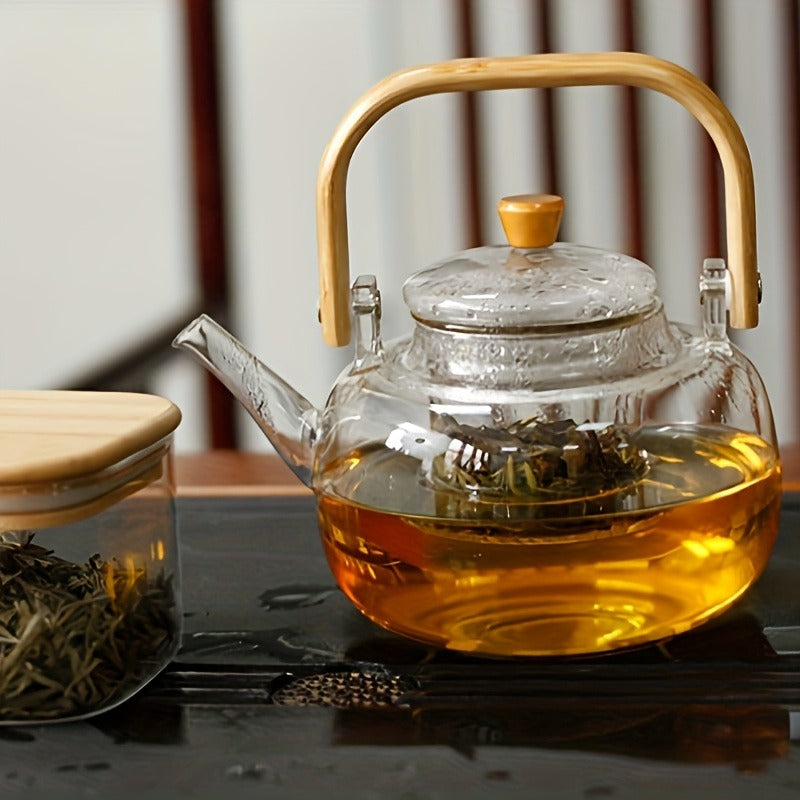 Glass Teapot with Bamboo Handle – 34oz Clear Borosilicate Glass Tea Kettle with Removable Infuser, Heat Resistant Loose Leaf Tea Brewer