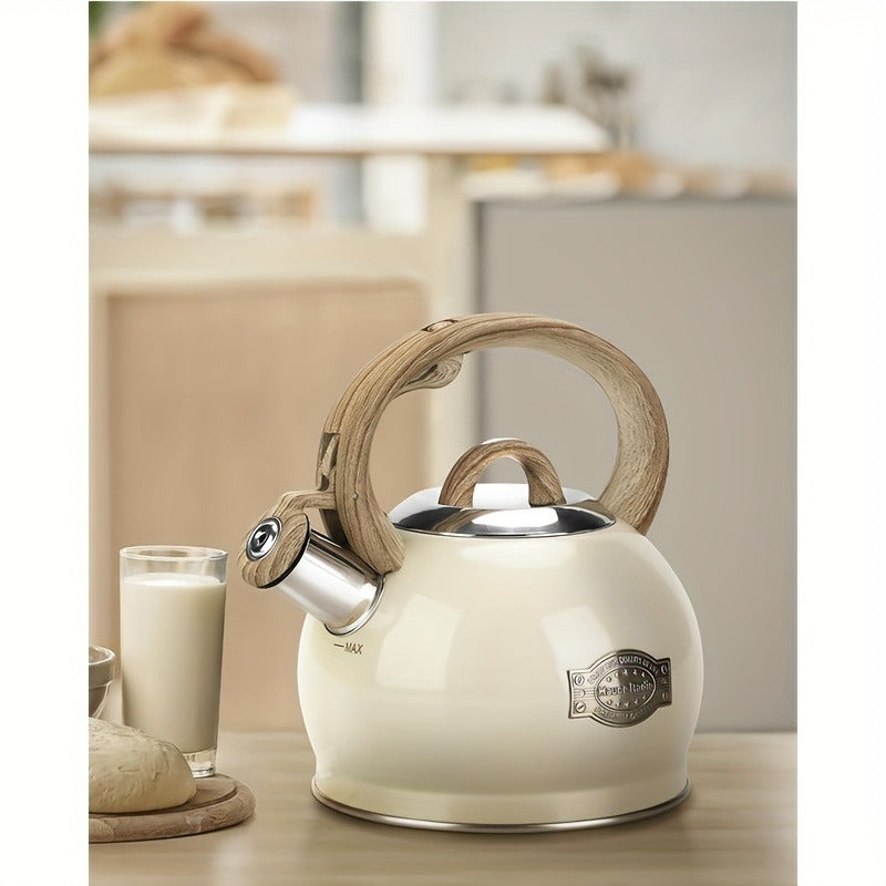 2.1 Quart Food Grade Stainless Steel Whistling Tea Kettle, Stove Top Teapot with Wood Pattern Folding Handle, Suitable for All Heat Sources