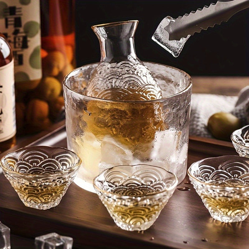 5pcs, Japanese Sake Set, 1 Bowl And 4 Cups, Glass Wine Set, Hot Pot, Hammered Pattern, Household Japanese Style, Home Decoration, Room Decoration, Gifts