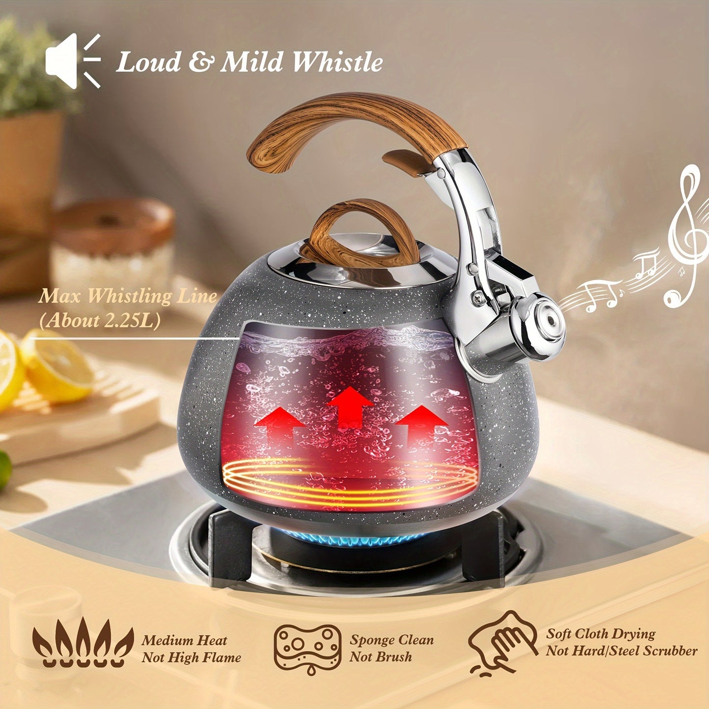 3 Quart Food Grade Stainless Steel Whistling Tea Kettle with Wooden Pattern Handle for Stovetop, Marble/Black Color Options, Essential for Home Use