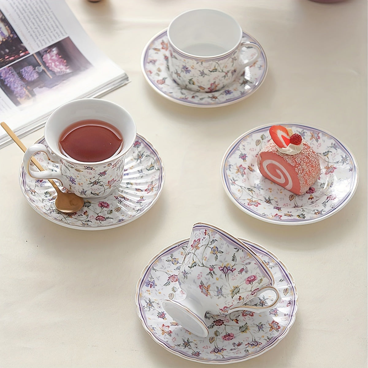 Purple Small Flower Pattern Burned Flower Ceramic Cup and Plate Set, Electroplated Gold Plated Edge Glossy Cup and Plate, Water Pot, 2pcs Cup and Plate Set, 1pc Water Pot Set, with Color Box