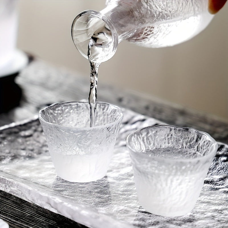 Handmade Hammered Glass Sake Set, 5-Piece Elegant Vintage Design with One Decanter (11.81 oz) and Four Sake Cups (2.2 oz Each), Ideal for Sake Enthusiasts, Home, Bars, Restaurants - Hand Wash Only