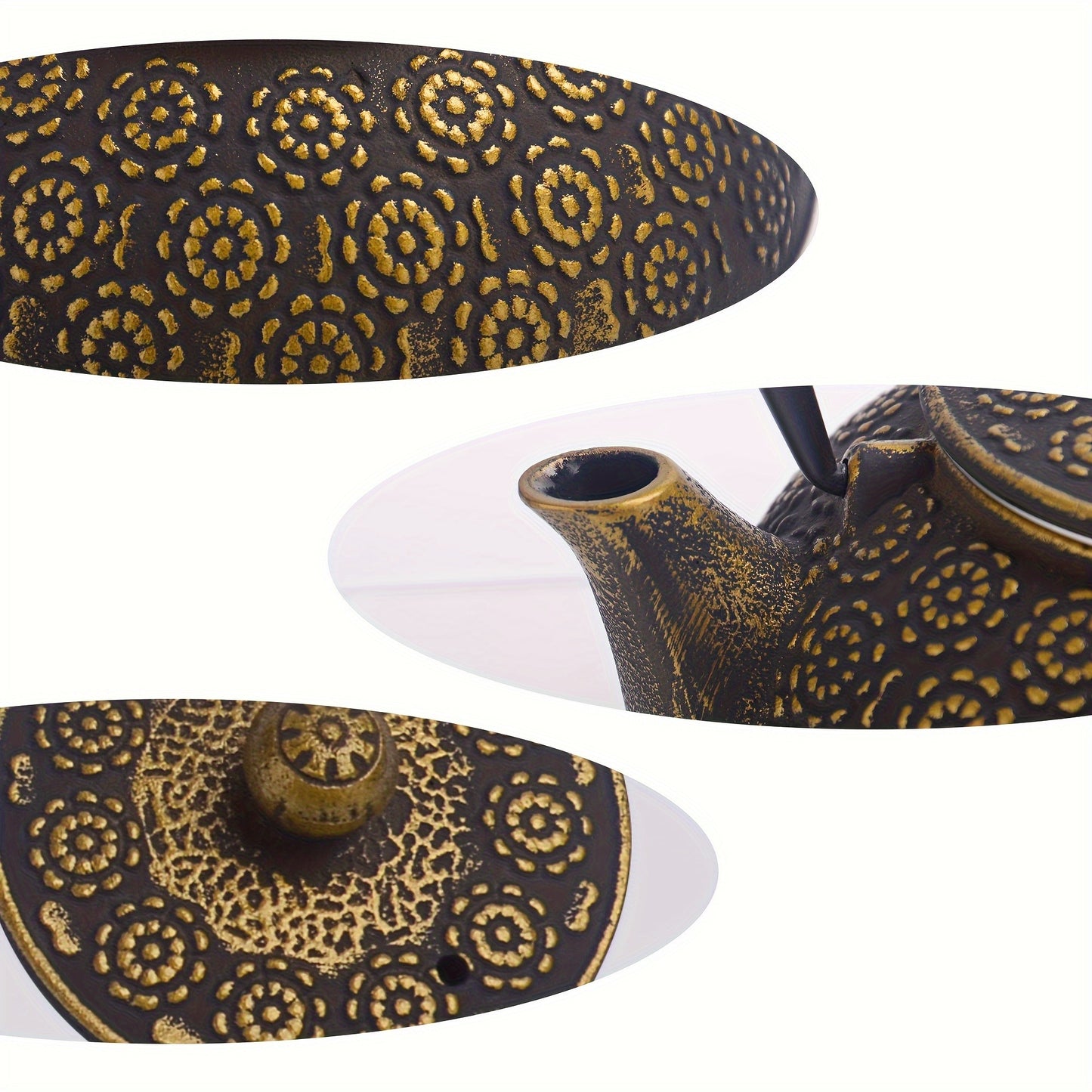 6 Piece Set Golden Japanese Cast Iron Teapot (30 oz 900 ml) with 4 Tea Cups (2 oz each) Leaf Tea Infuser and Trivet