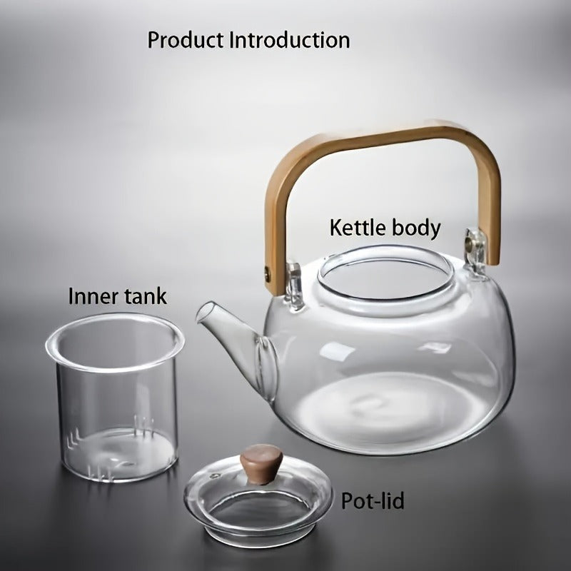 Glass Teapot with Bamboo Handle – 34oz Clear Borosilicate Glass Tea Kettle with Removable Infuser, Heat Resistant Loose Leaf Tea Brewer