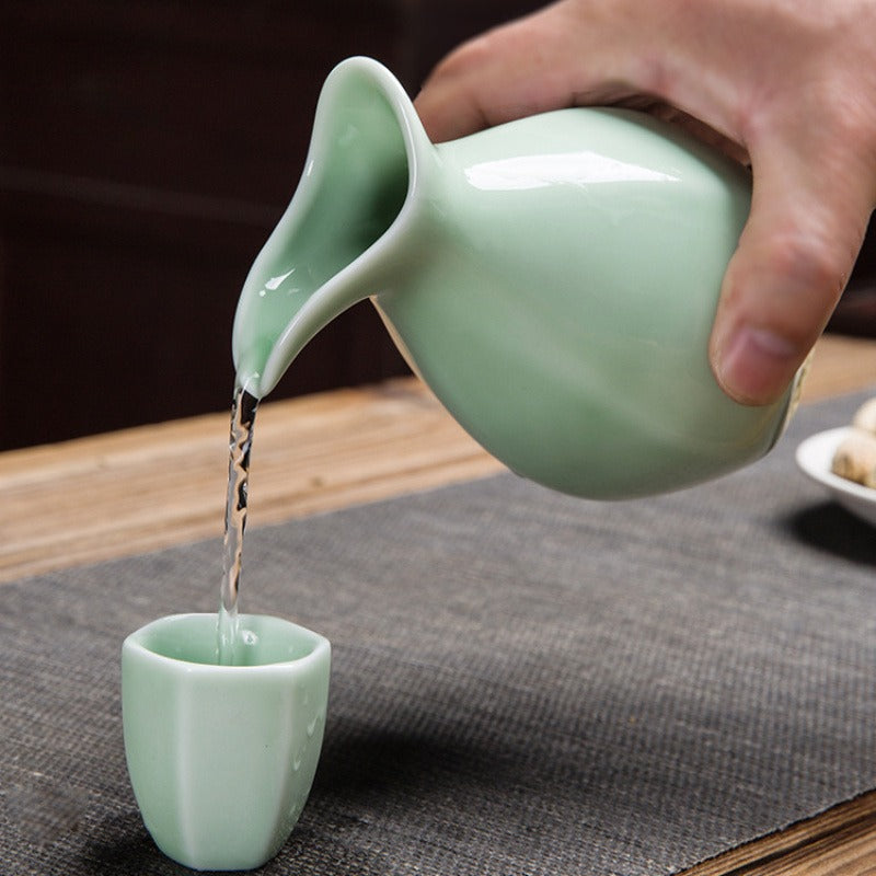 Japanese Ceramic Sake Set with Bamboo Tray - Traditional Crafted Porcelain Sake Decanter (1 Tokkuri) and 6 Ochoko Cups for Home, Sushi Bar, Restaurant, and Wedding