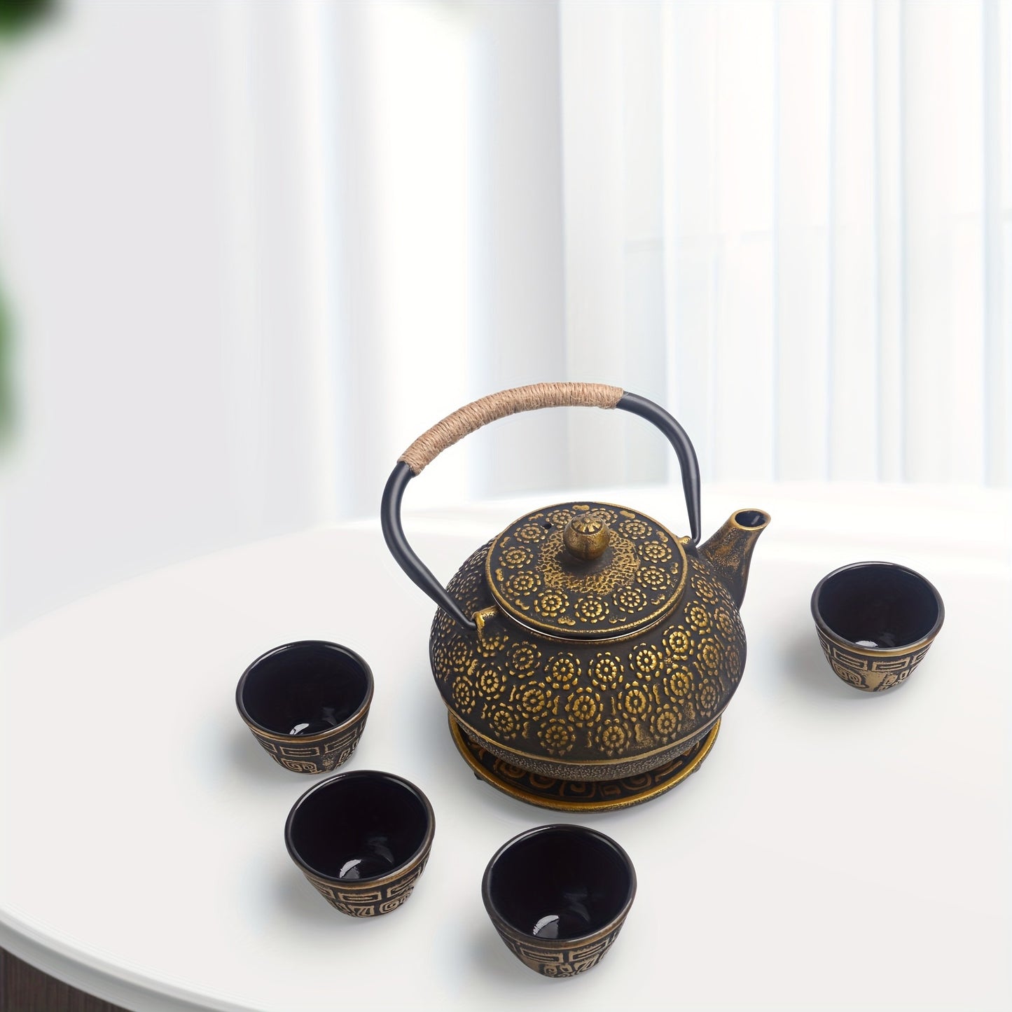 6 Piece Set Golden Japanese Cast Iron Teapot (30 oz 900 ml) with 4 Tea Cups (2 oz each) Leaf Tea Infuser and Trivet